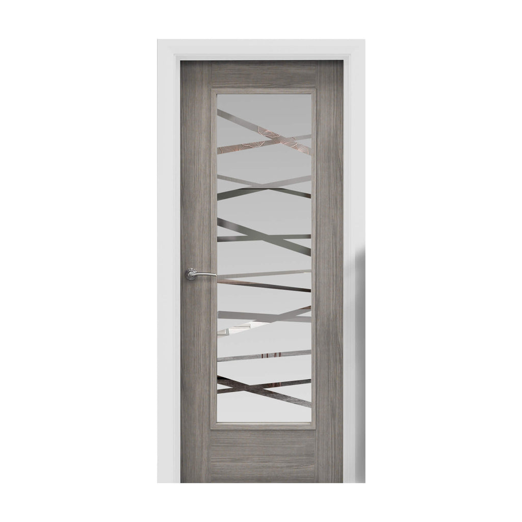 A Shaker Lava Grey 1 Lite Unglazed 40mm Internal Laminate Door, with 4mm DS7 decorative glass inserted and a Storm door handle, on a white background.