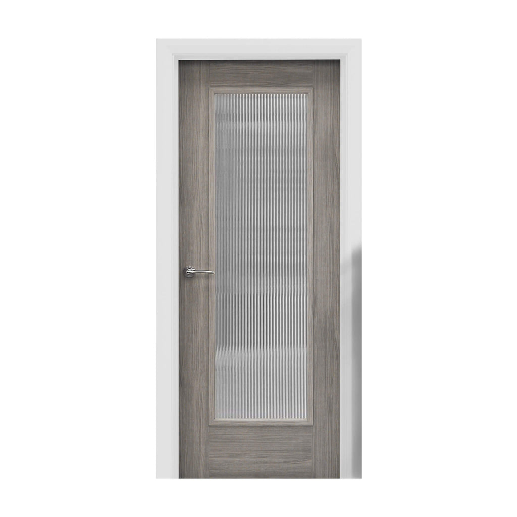 A Shaker Lava Grey 1 Lite Unglazed 40mm Internal Laminate Door, with 4mm reeded glass inserted and a Storm door handle, on a white background