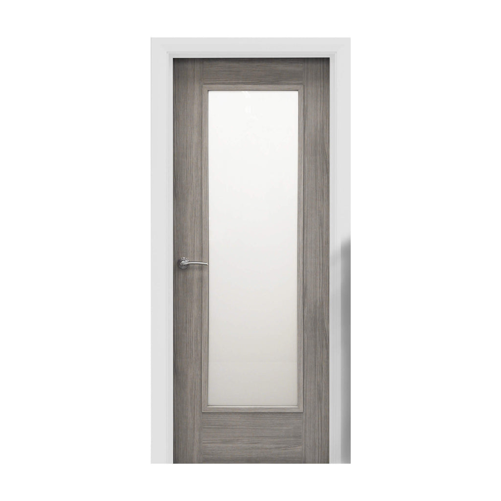 A Shaker Lava Grey 1 Lite Unglazed 40mm Internal Laminate Door, with 4mm sandblasted glass inserted and a Storm door handle, on a white background.