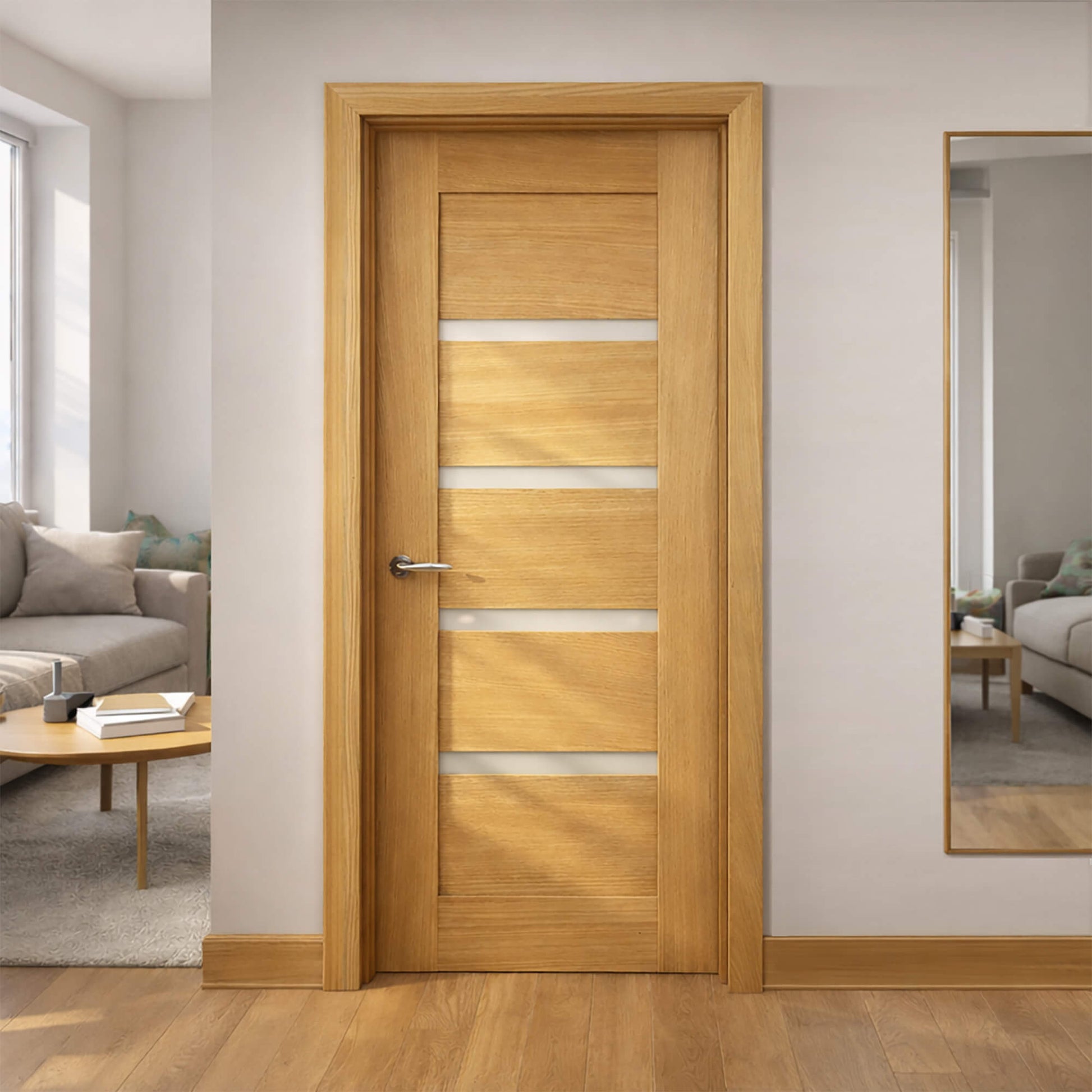 A Shaker White Oak Vision Panel 40mm Internal Door in a modern interior setting.