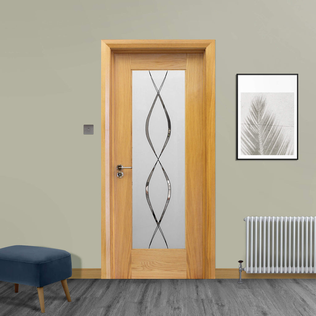 A Shaker White Oak 1 Lite 40mmUnglazed Door, with 4mm toughened DS5 glass inserted with a Tempest handle installed, in a home interior setting.