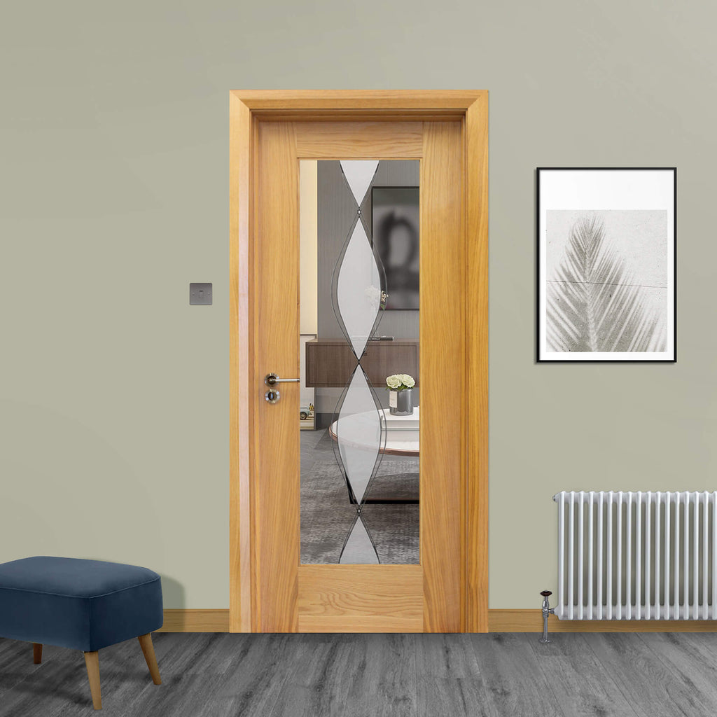 A Shaker White Oak 1 Lite 40mmUnglazed Door, with 4mm toughened DS6 glass inserted with a Tempest handle installed, in a home interior setting.