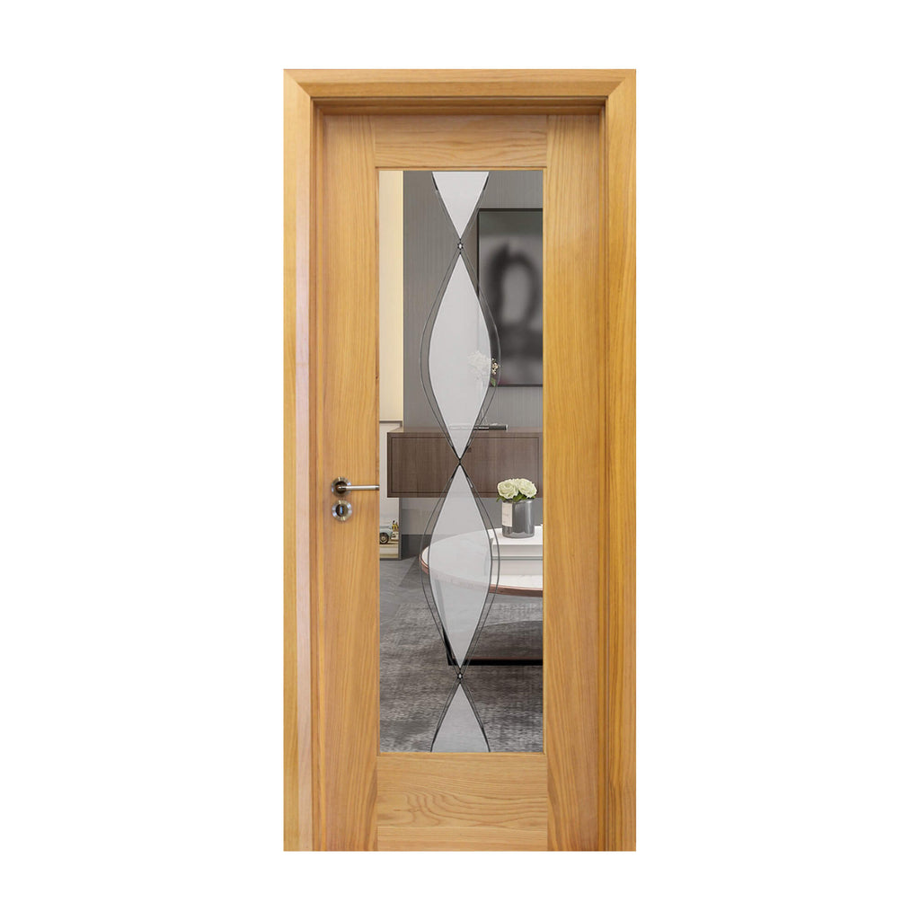 A Shaker White Oak 1 Lite 40mmUnglazed Door, with 4mm toughened DS6 glass inserted with a Tempest handle installed on a white background.
