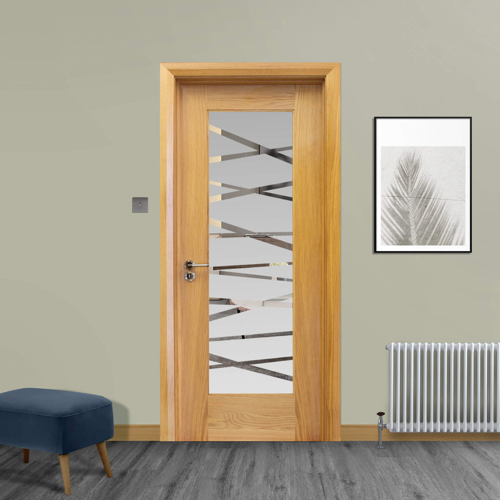 A Shaker White Oak 1 Lite 40mmUnglazed Door, with 4mm toughened DS7 glass inserted with a Tempest handle installed, in a home interior setting.