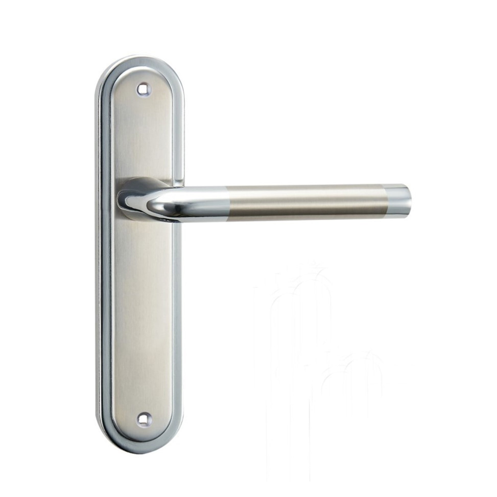Tempest Nickel Brushed & Polished Chrome Latch Backplate door handle on a white background