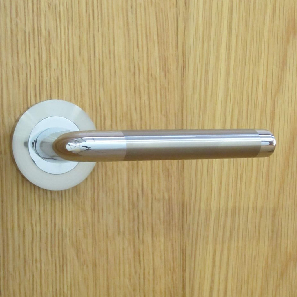 A Tempest Nickel Brushed & Polished Chrome door handle on a wooden door