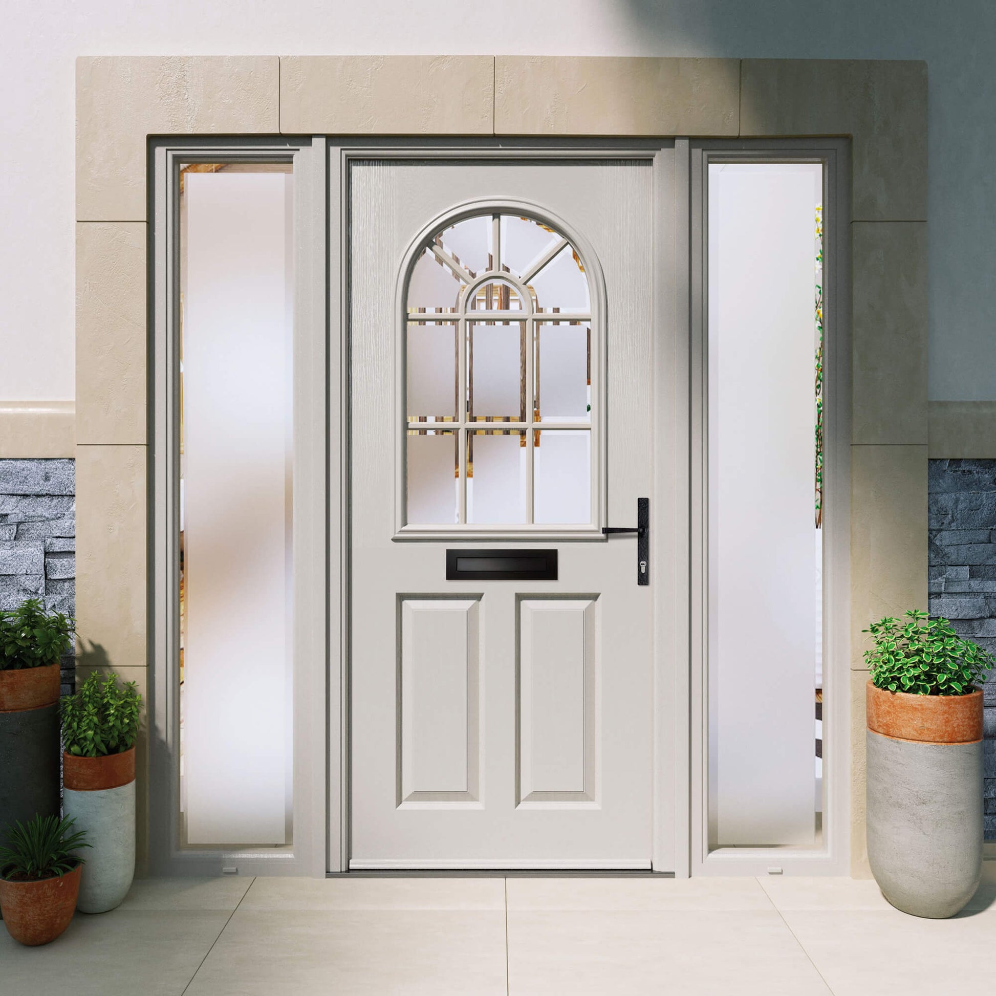 A Tenby Composite GRP Door on a front entrance of a modern home exterior.