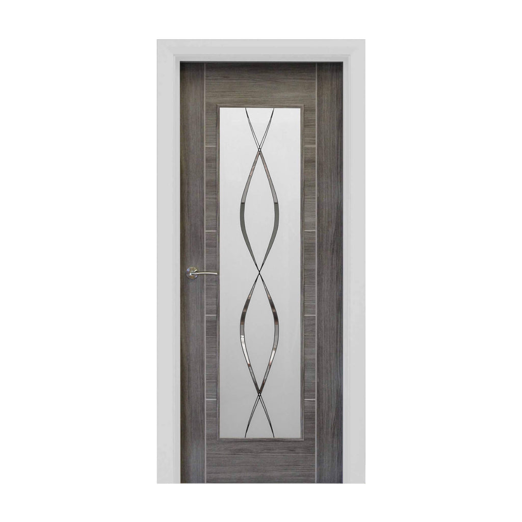 A Tigris Granite Grey 1 Lite Unglazed 40mm Internal Laminate Door, with 4mm DS5 decorative glass and Storm door handle, on a white background.