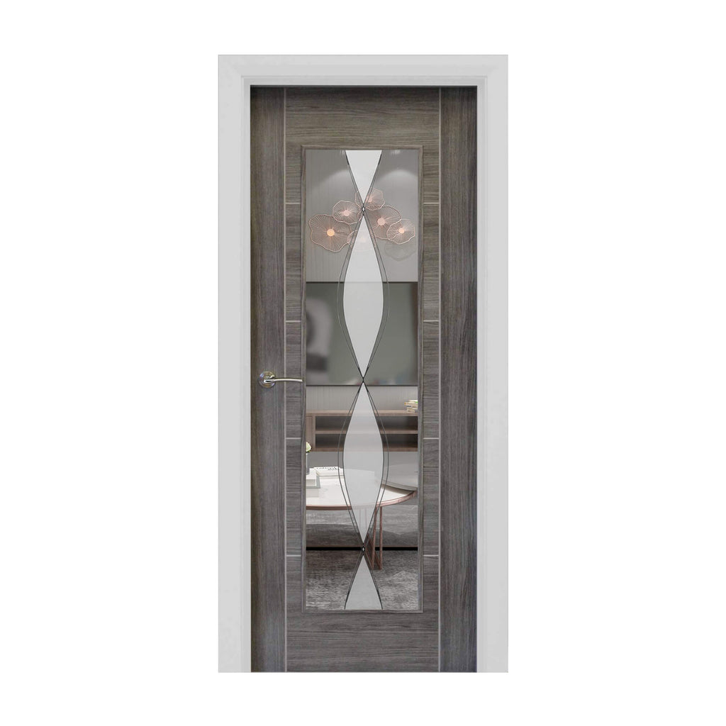 A Tigris Granite Grey 1 Lite Unglazed 40mm Internal Laminate Door, with 4mm DS6 decorative glass and Storm door handle, on a white background.