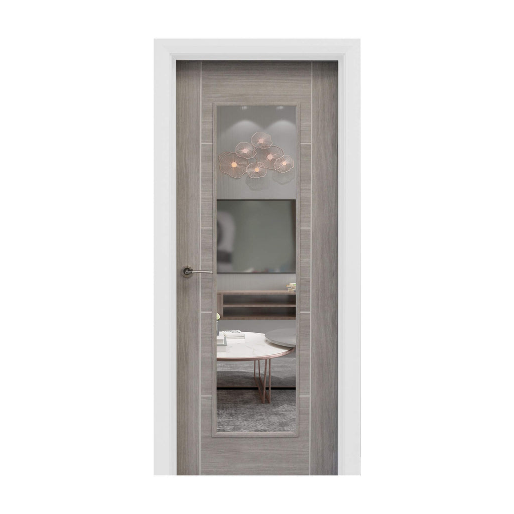 A Tigris Lava Grey 1 Lite Unglazed 40mm Internal Laminate Door, with a Storm handle and 4mm clear toughened glass, on a white background.
