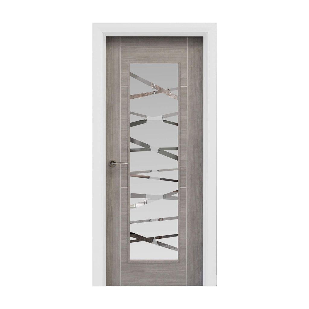 A Tigris Lava Grey 1 Lite Unglazed 40mm Internal Laminate Door, with a Storm handle and 4mm DS7 decorative glass, on a white background.