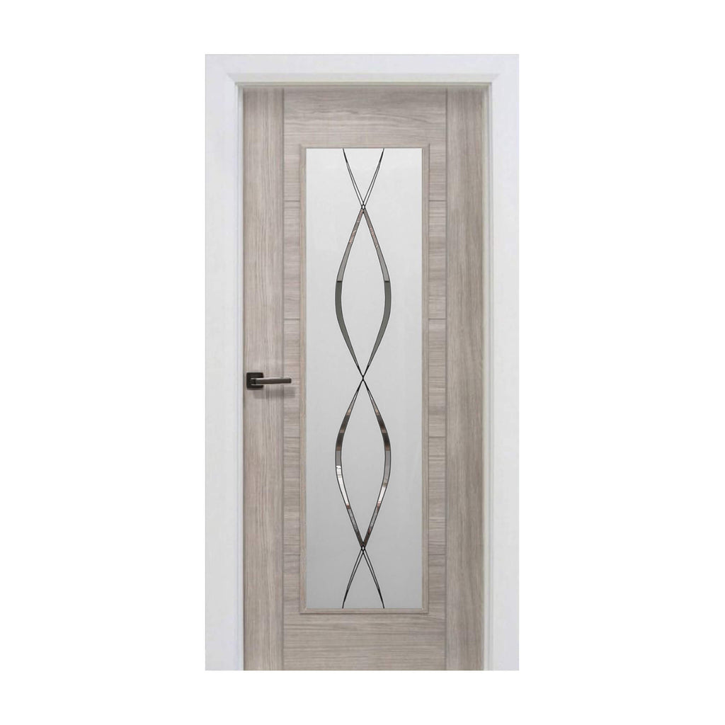 A Tigris Stone Grey 1 Lite Unglazed 40mm Internal Laminate Door, with 4mm DS5 decorative glass and an Alto handle, on a white background.