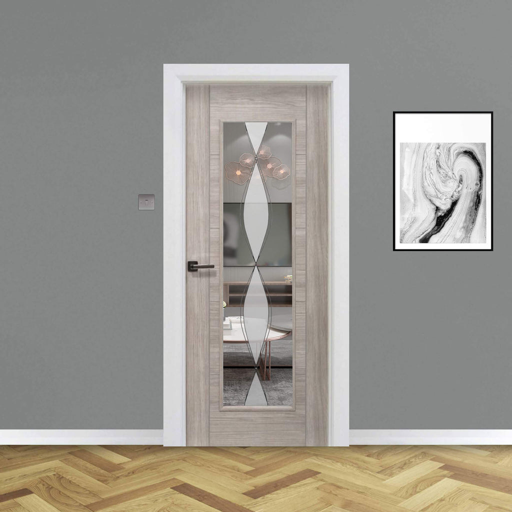 A Tigris Stone Grey 1 Lite Unglazed 40mm Internal Laminate Door, with 4mm DS6 decorative glass and an Alto handle, in a home interior setting.