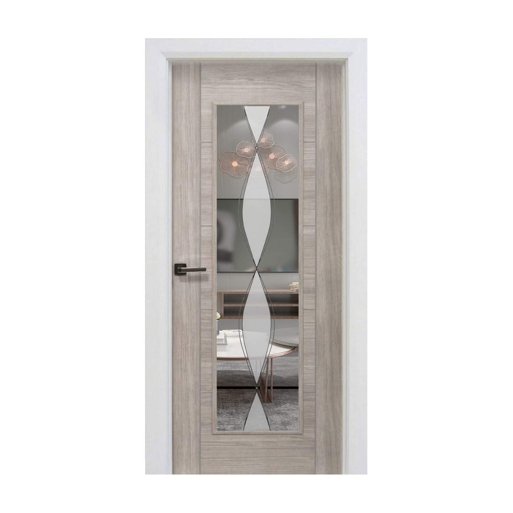 A Tigris Stone Grey 1 Lite Unglazed 40mm Internal Laminate Door, with 4mm DS6 decorative glass and an Alto handle, on a white background.