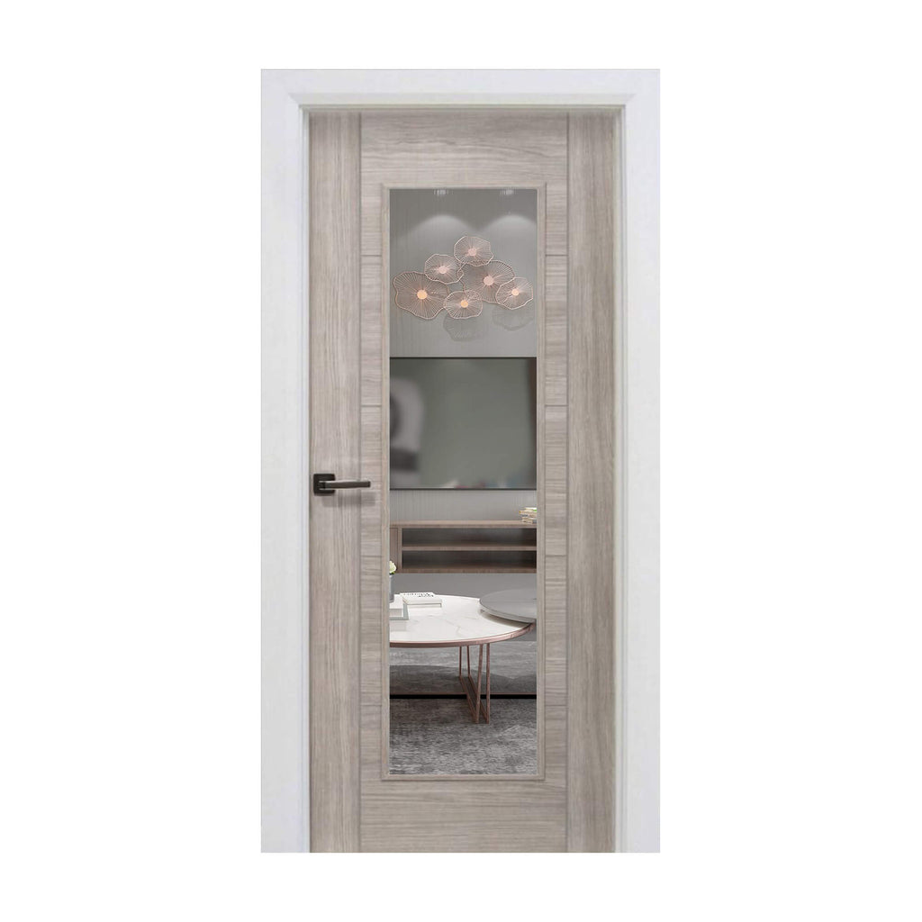 A Tigris Stone Grey 1 Lite Unglazed 40mm Internal Laminate Door, with 4mm clear toughened glass and an Alto handle, on a white background.