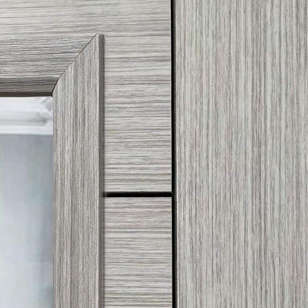 Close-up of the grooves and wood grain on a Tigris Urban Grey 1 Lite Pre‑Glazed 35mm Internal Door.