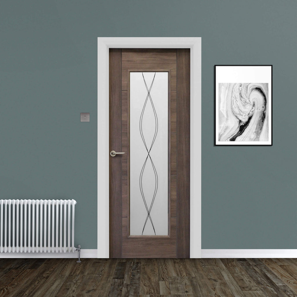 A Tigris Walnut 1 Lite Unglazed Laminate Door, with DS5 glass inserted, with a Tempest handle in a home interior setting.