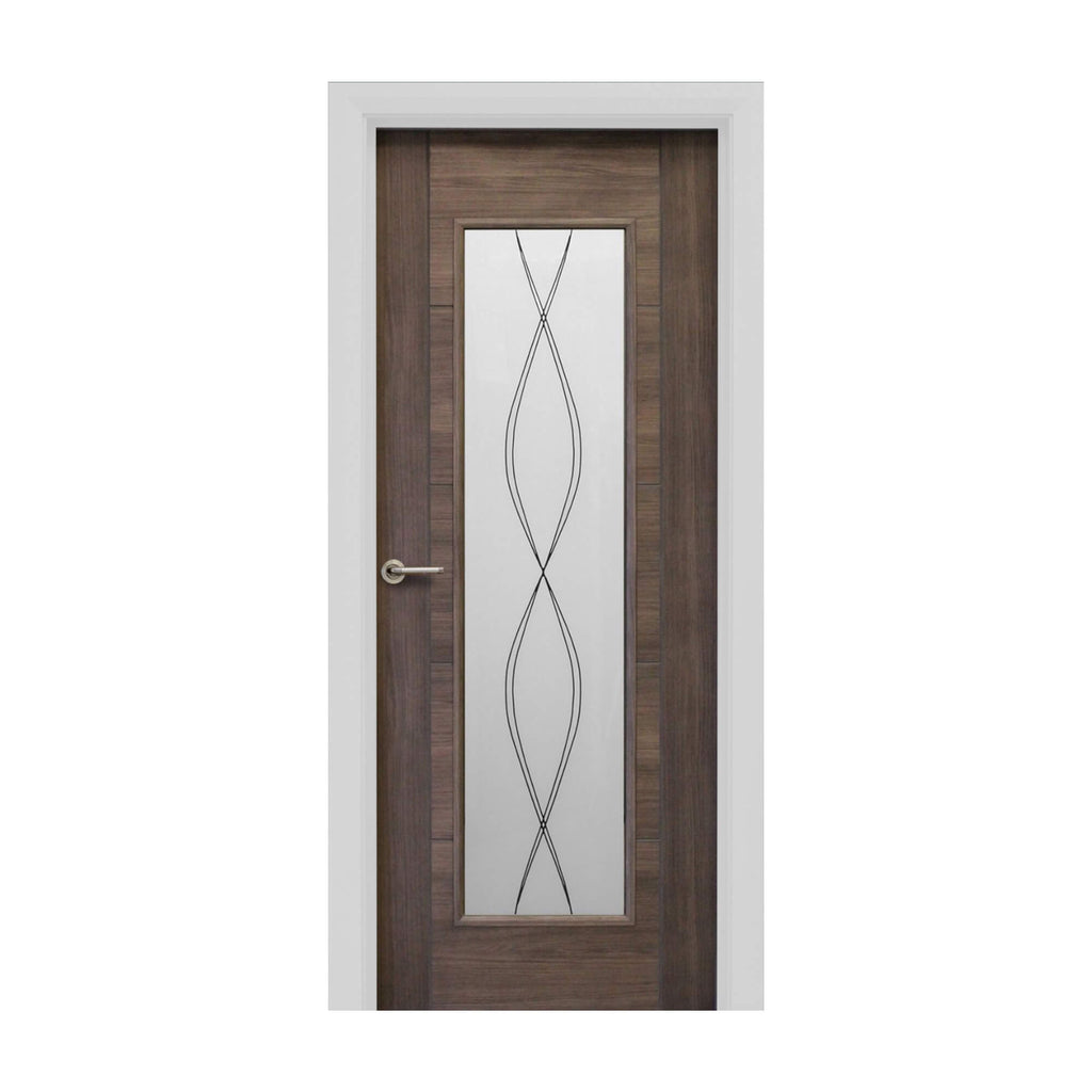 A Tigris Walnut 1 Lite Unglazed Laminate Door, with DS5 glass inserted, with a Tempest handle on a white background