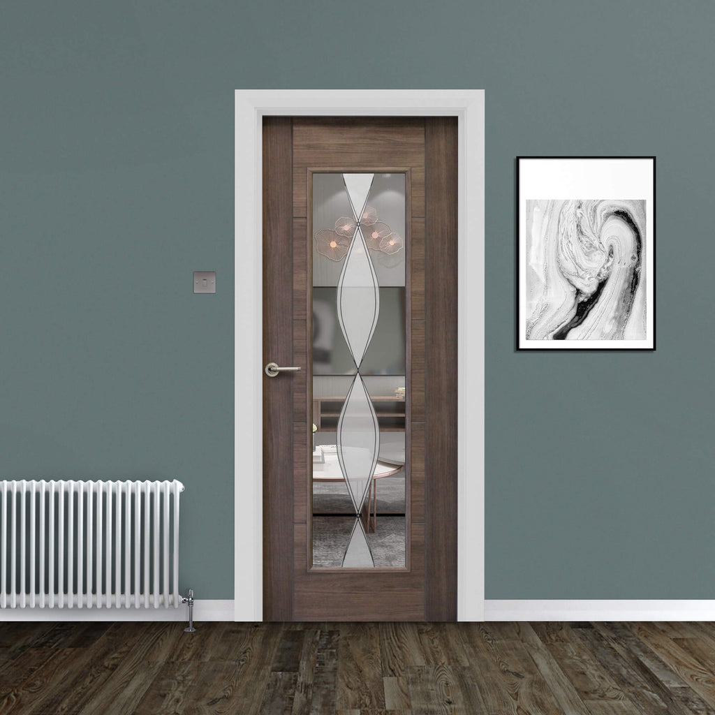 A Tigris Walnut 1 Lite Unglazed Laminate Door, with DS6 glass inserted, with a Tempest handle in a home interior setting.
