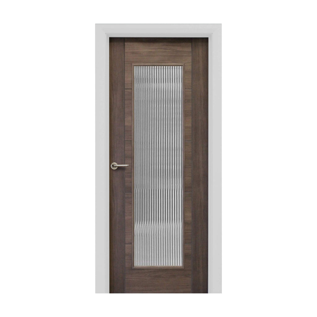 A Tigris Walnut 1 Lite Unglazed Laminate Door, with reeded glass inserted, with a Tempest handle on a white background.