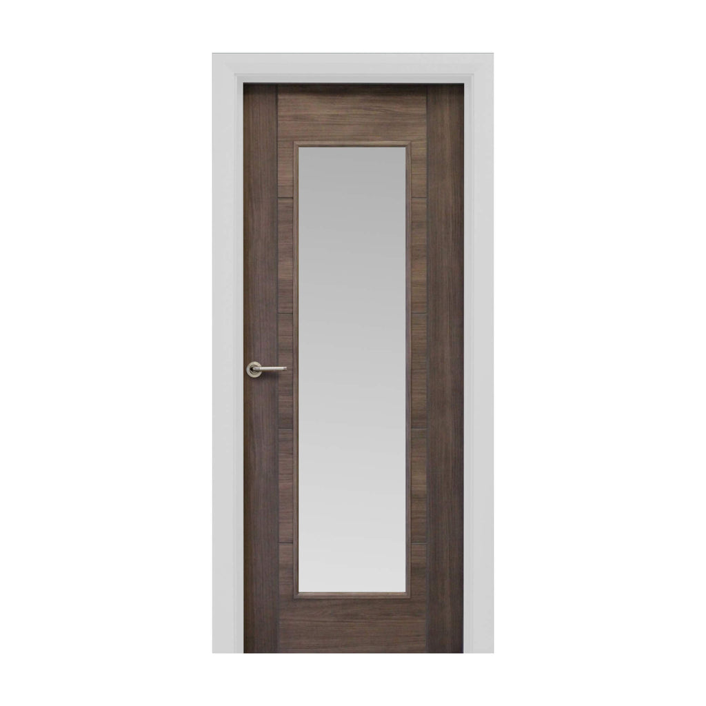 A Tigris Walnut 1 Lite Unglazed Laminate Door, with sandblasted glass inserted, with a Tempest handle on a white background.