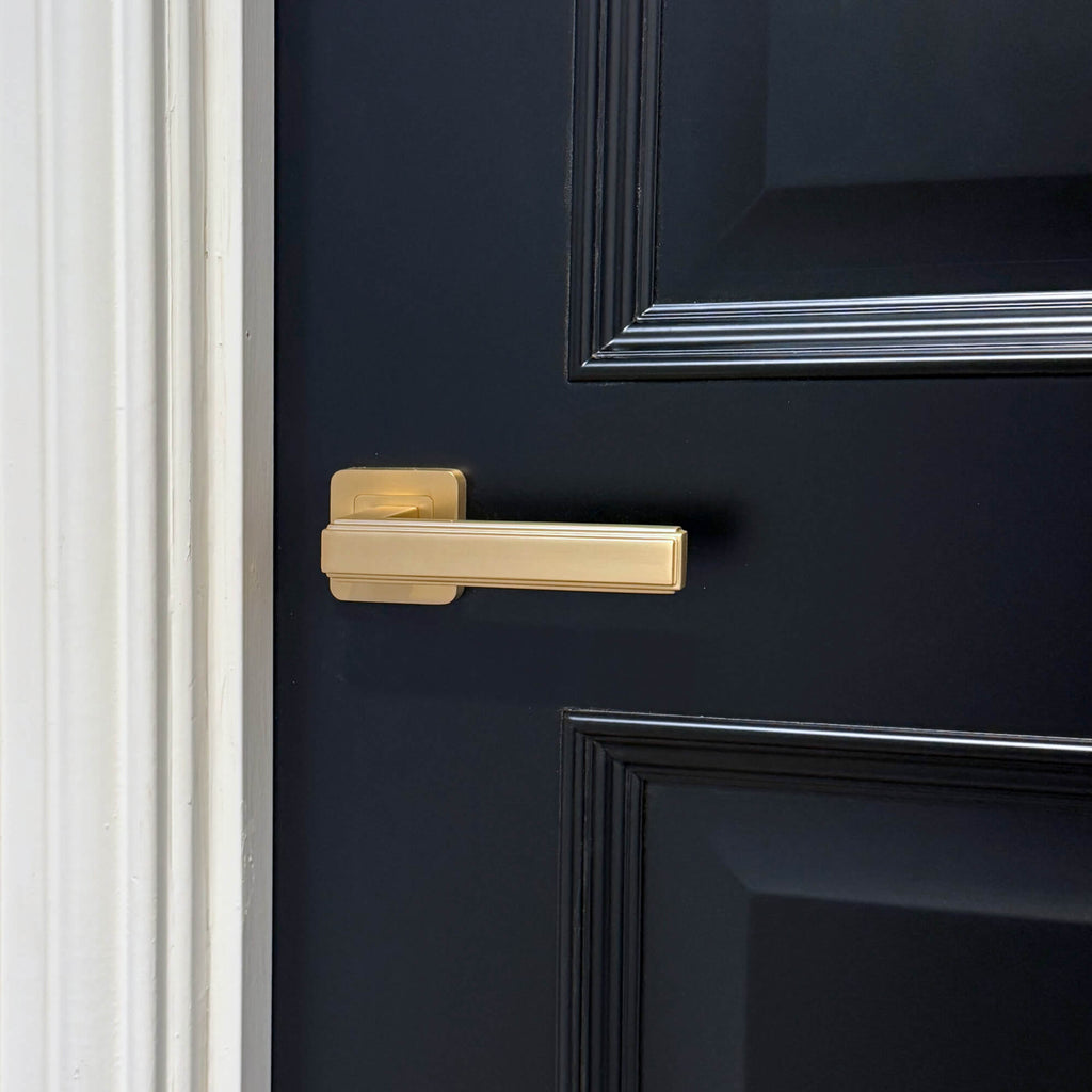 Close up of the Toledo Black Primer Plus 3 Panel Door with an Ares Saturn Brass Square Rose Handle.