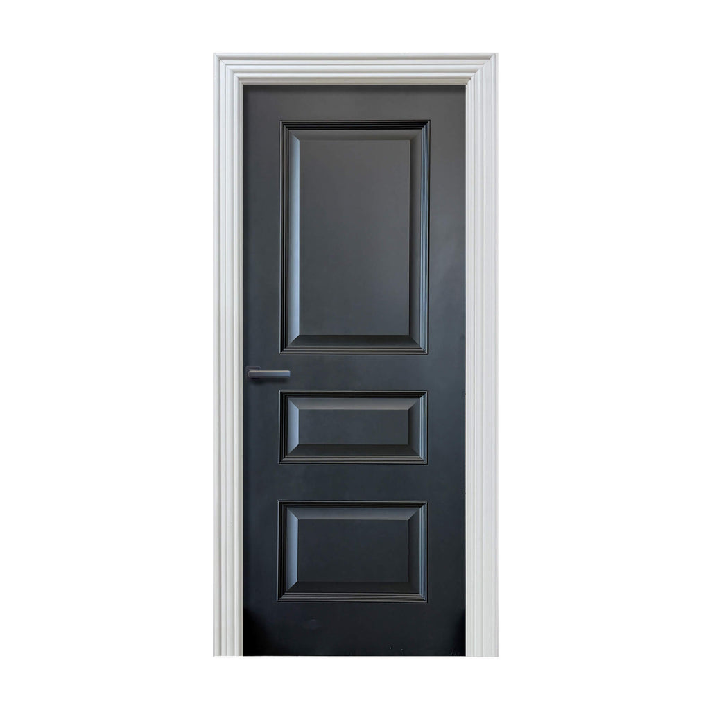 A Toledo Black Primer Plus 3 Panel Internal Door on a white background.