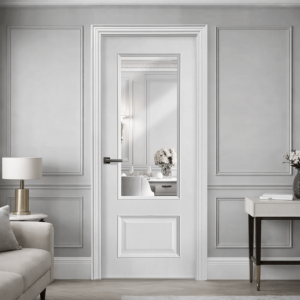 A Toledo White Primer Plus 1 Lite Door in a home living room setting, looking into a dining room.