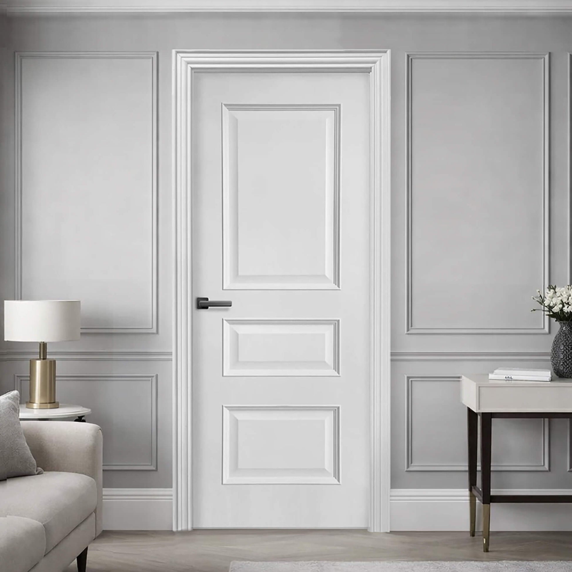 A Toledo White Primer Plus 3 Panel Internal Door in a home living room setting.