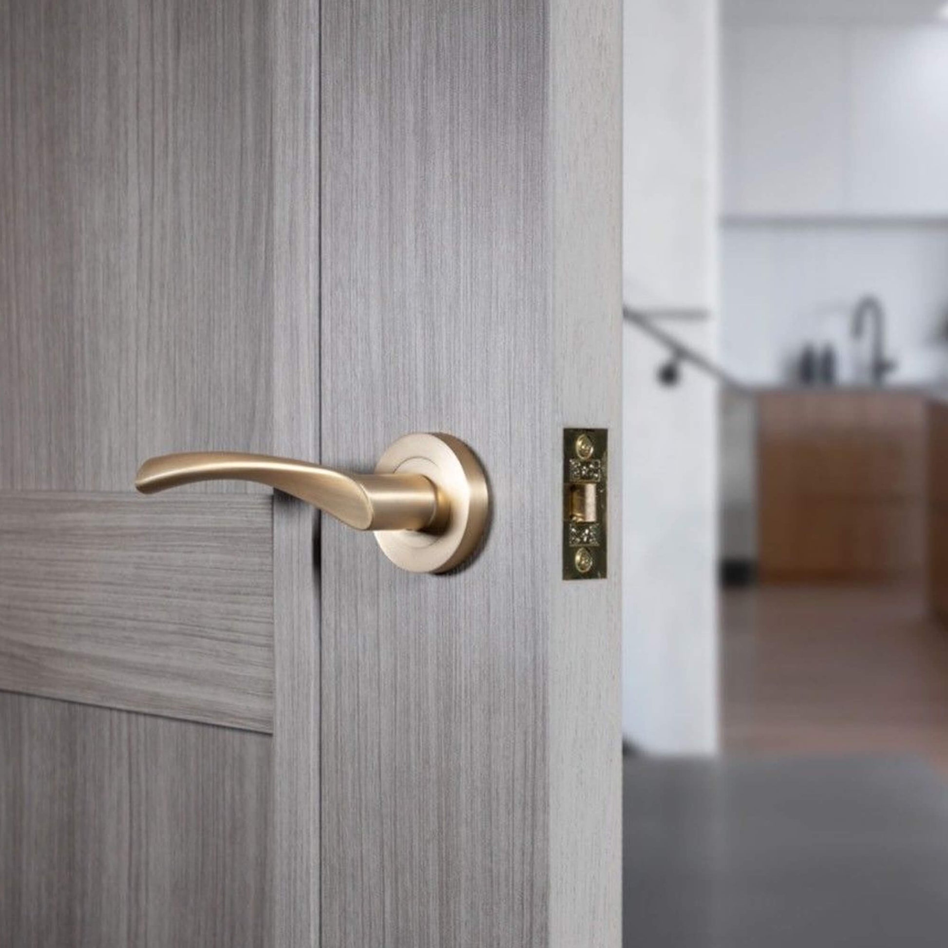 Close-up of a Trade Range Satin Brass door handle on a wooden door with a blurred kitchen background.