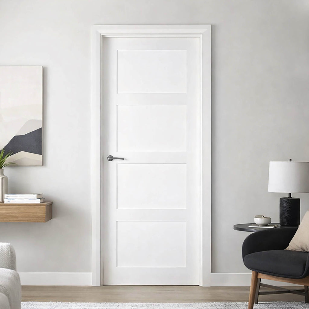 A Trade Spec White Primed Contemporary 4 Panel 40mm Internal Door in a modern interior setting with furniture and decor.