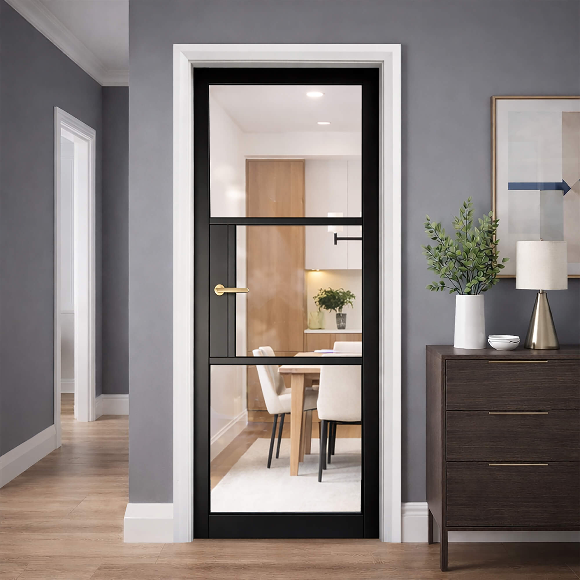A Tribeca Black Primer Plus 3 Lite Pre-Glazed 40mm Internal Door in a home hallway setting looking into a dining room.