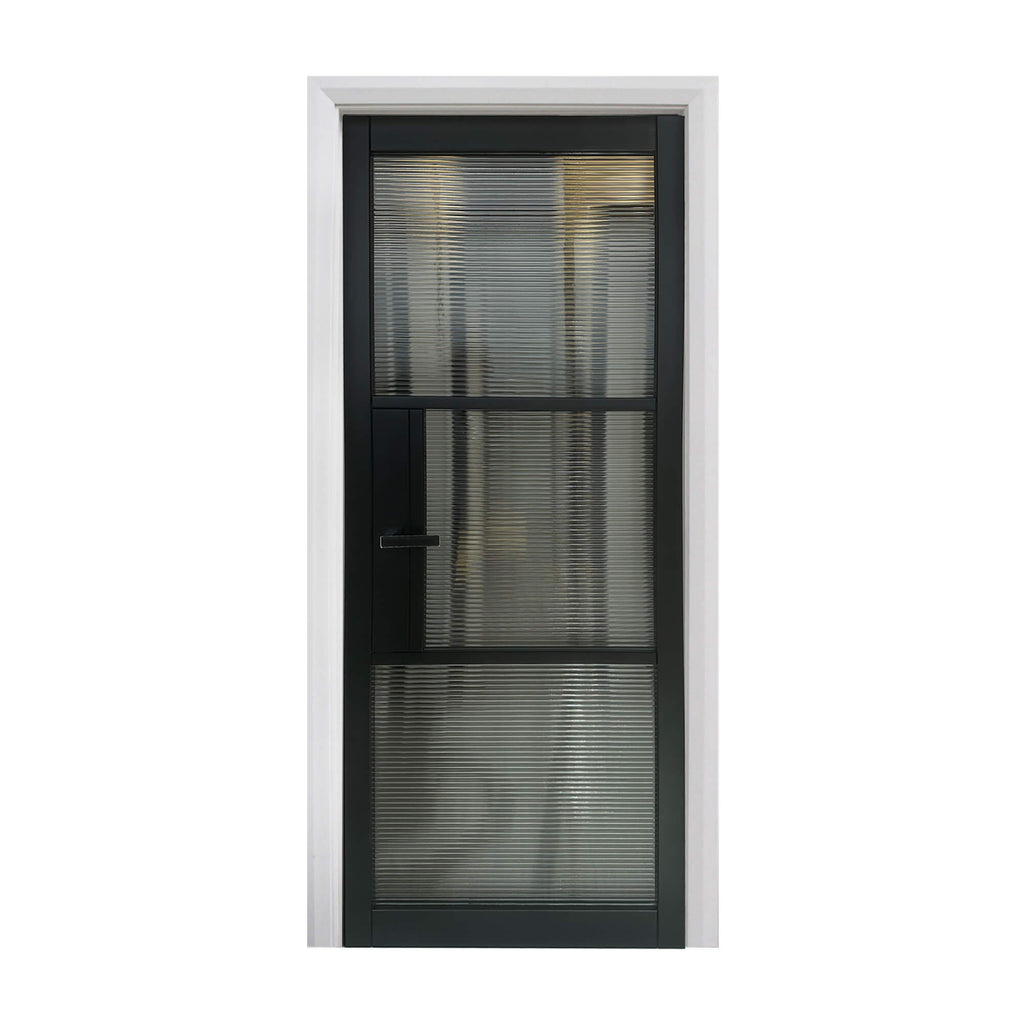 A Tribeca Black Primer Plus 3 Lite Reeded 40mm Internal Glass Door on a white background