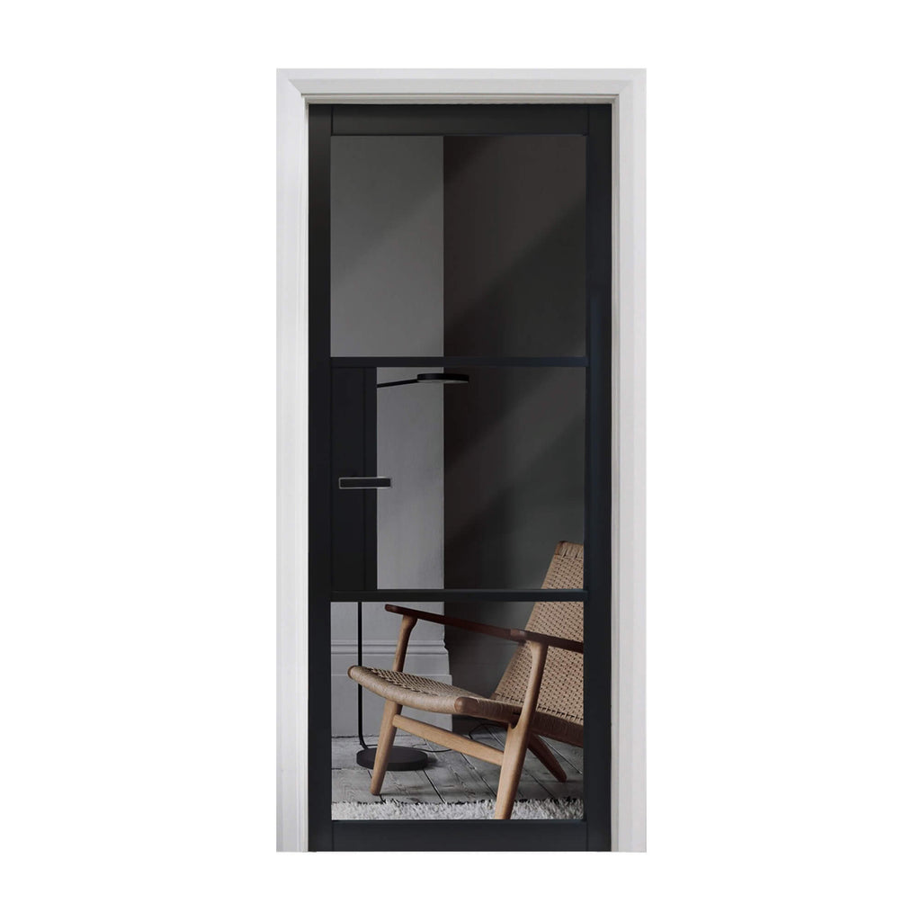 A Tribeca Black Primer Plus 3 Lite Pre-Glazed 40mm Internal Door, looking into a interior room, on a white background.