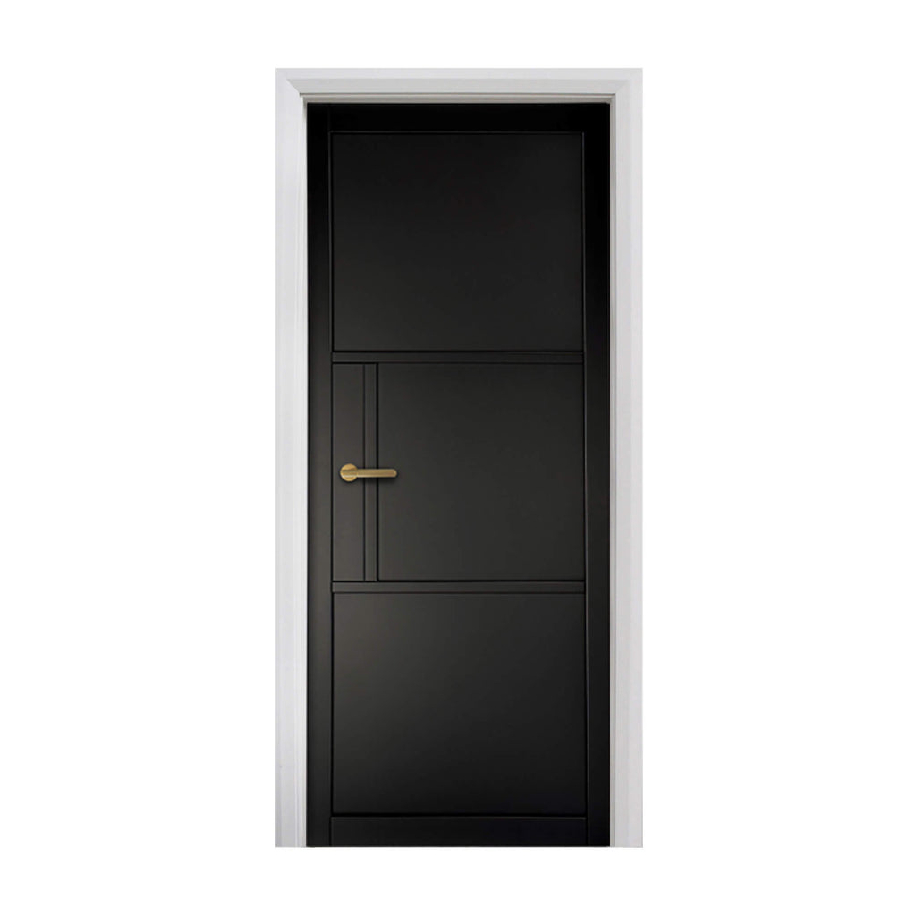 A Tribeca Black Primer Plus 3 Panel Internal 40mm Door, with a Knurled Satin Brass handle, on a white background.