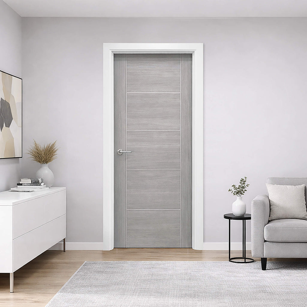 Vancouver Lava Grey Laminate Door in a living room in a home living room setting.