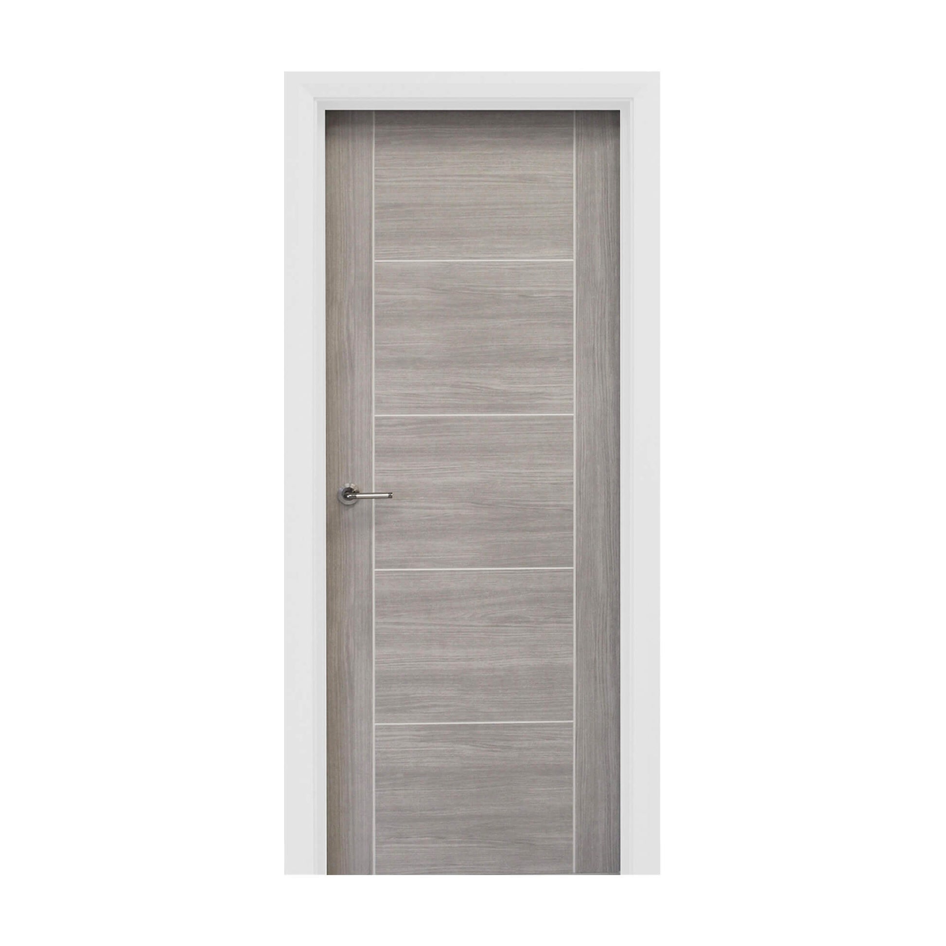 A Vancouver Lava Grey Laminate FD30 44mm Internal Fire Door, with a Cumulus door handle, on a white background.
