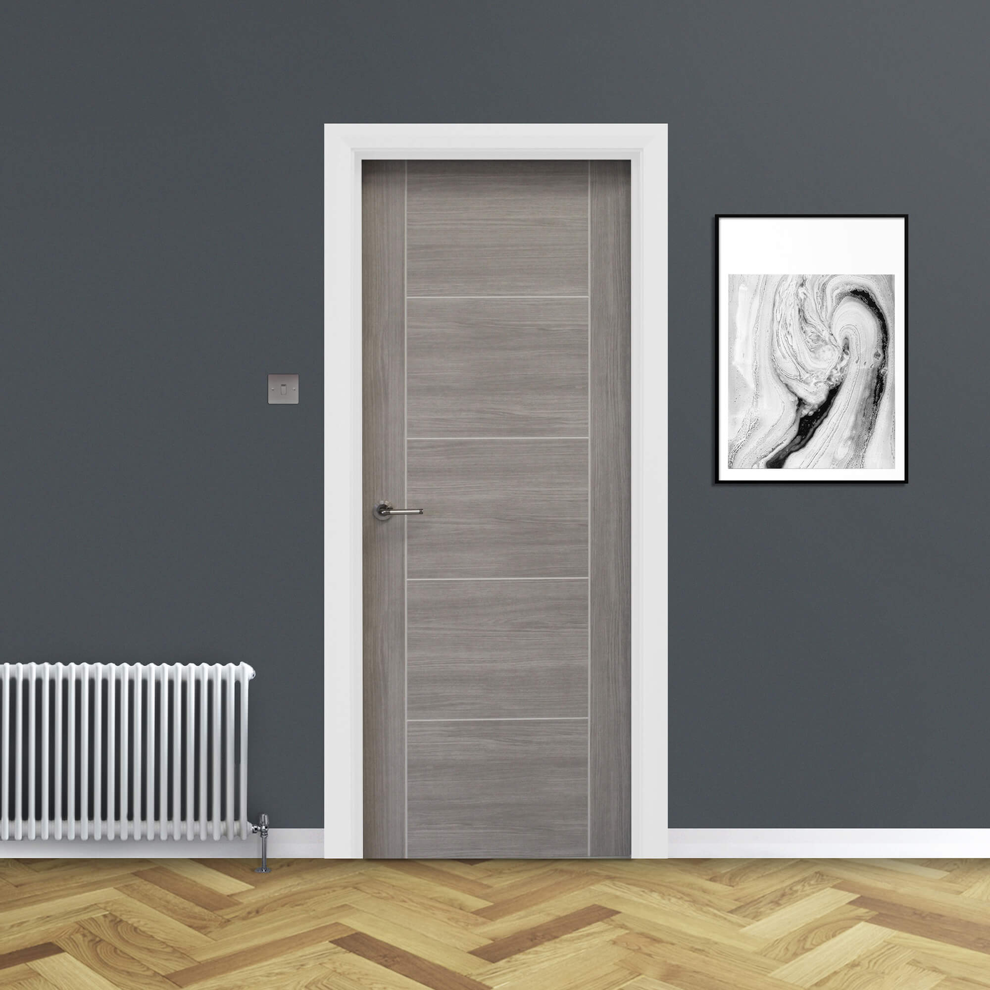 A Vancouver Lava Grey Laminate FD30 44mm Internal Fire Door, with a Cumulus door handle, in a home interior setting.