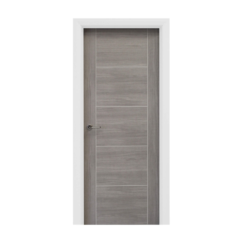 A Vancouver Lava Grey Laminate FD30 44mm Internal Fire Door, with a Cumulus door handle, on a white background.