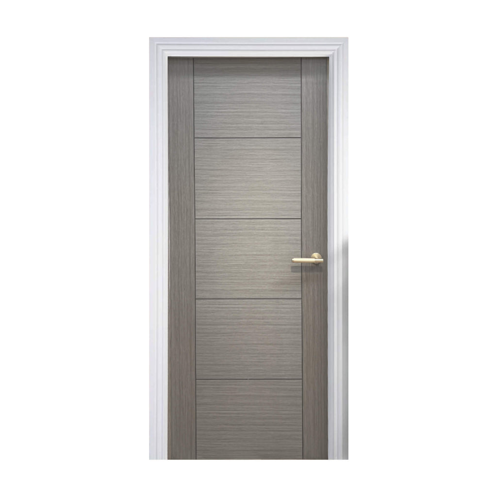 A Vancouver Urban Grey 35mm Internal Laminate Door, with a Knurled Satin Brass Handle on a white background.