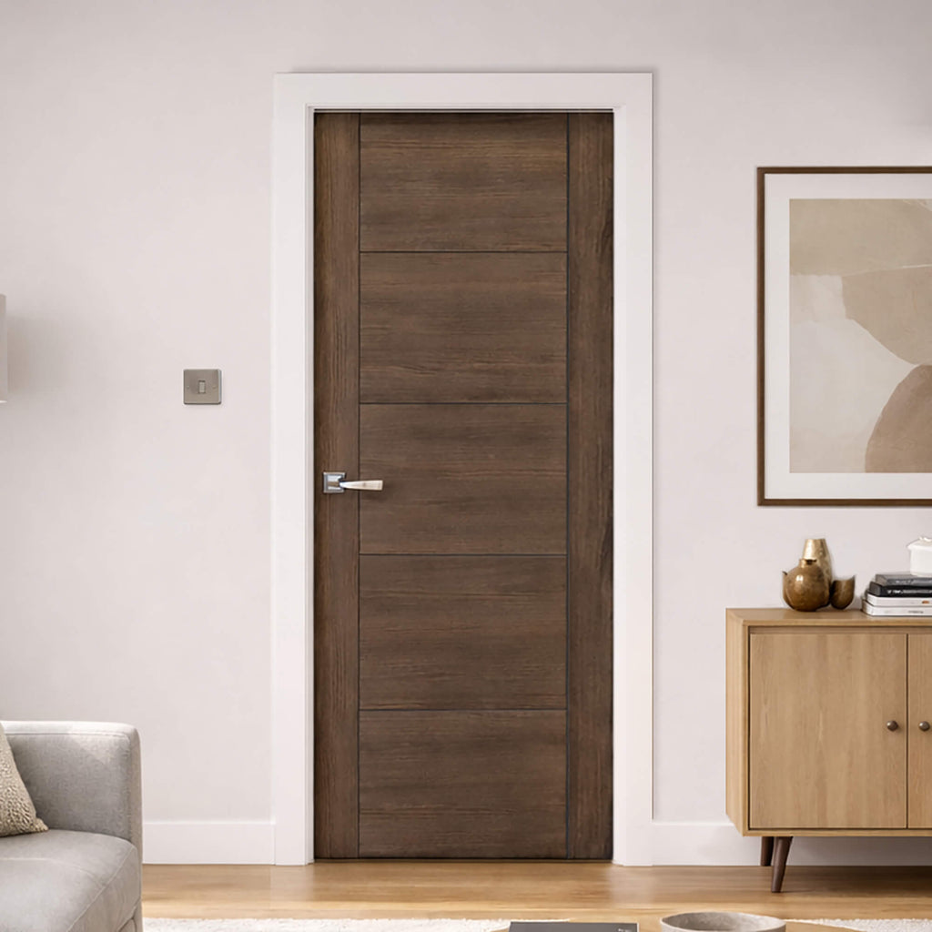 A Vancouver Walnut Laminate FD30 44mm Internal Fire Door, with an Arcus handle, in a modern home interior setting.