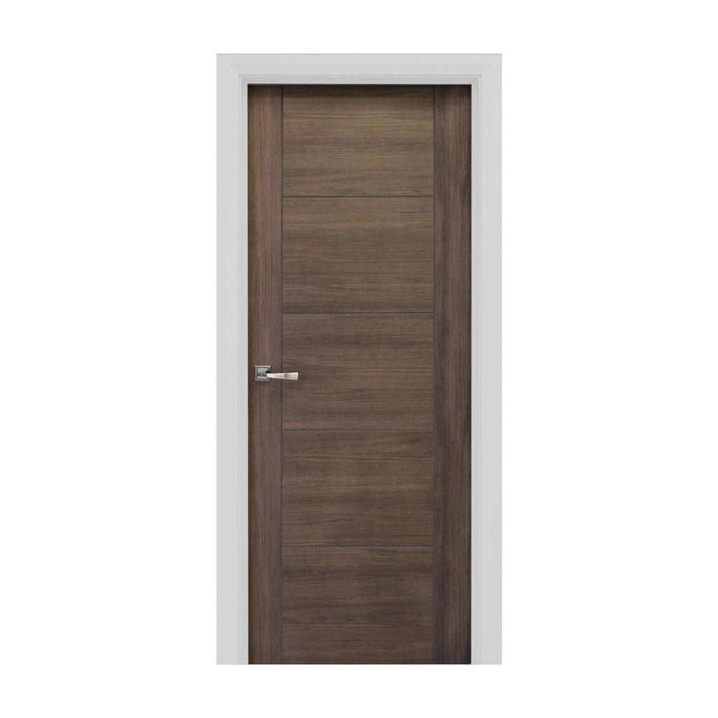 A Vancouver Walnut Laminate FD30 44mm Internal Fire Door with white Architrave, with an Arcus handle, on a white background.