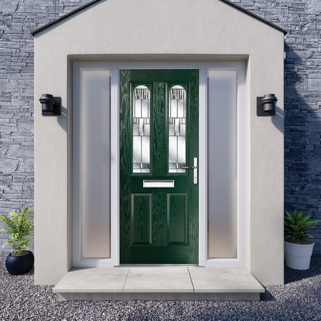A Green Victoria Composite GRP External Door with decorative glass panels on a house exterior