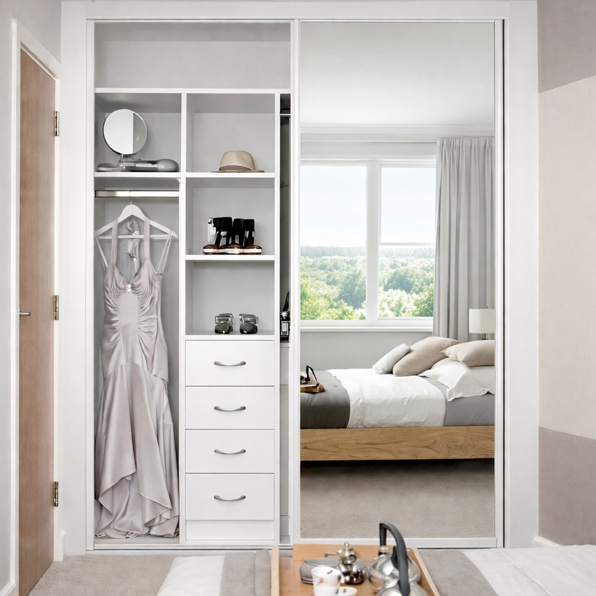 Modern bedroom with White Framed Mirrored Doors added to a wardrobe, bed, and window view