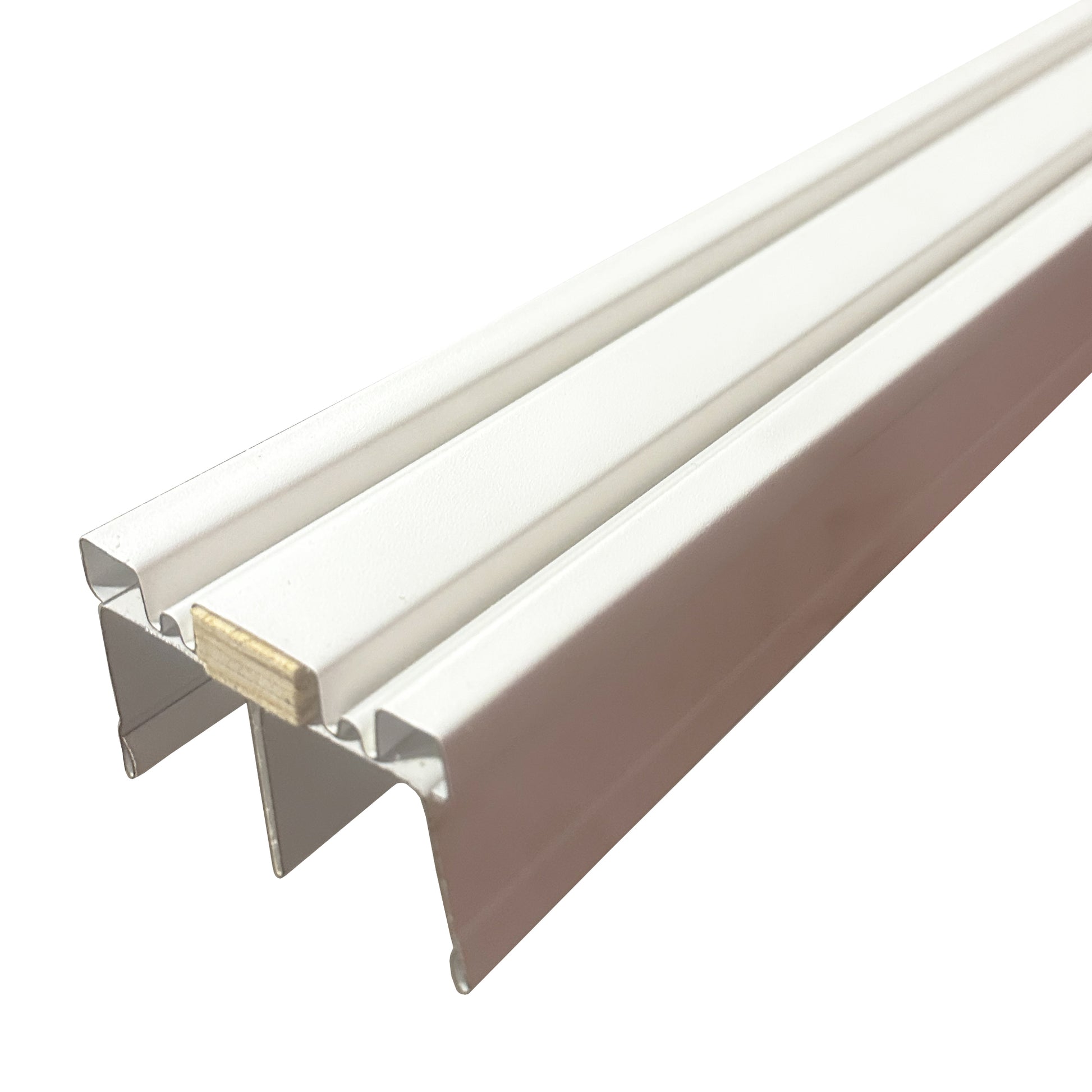 A right view of a White Mirror Door Track on a white background