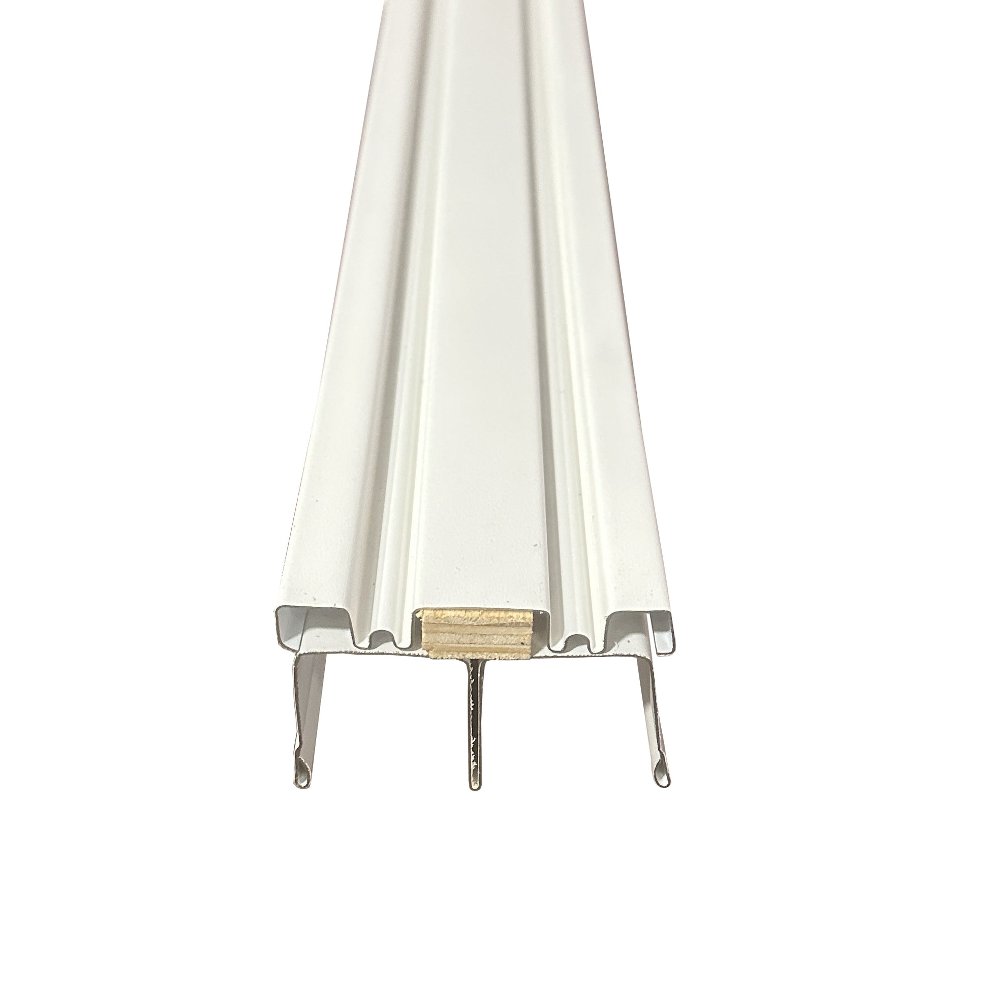 A front view of a White Mirror Door Track on a white background