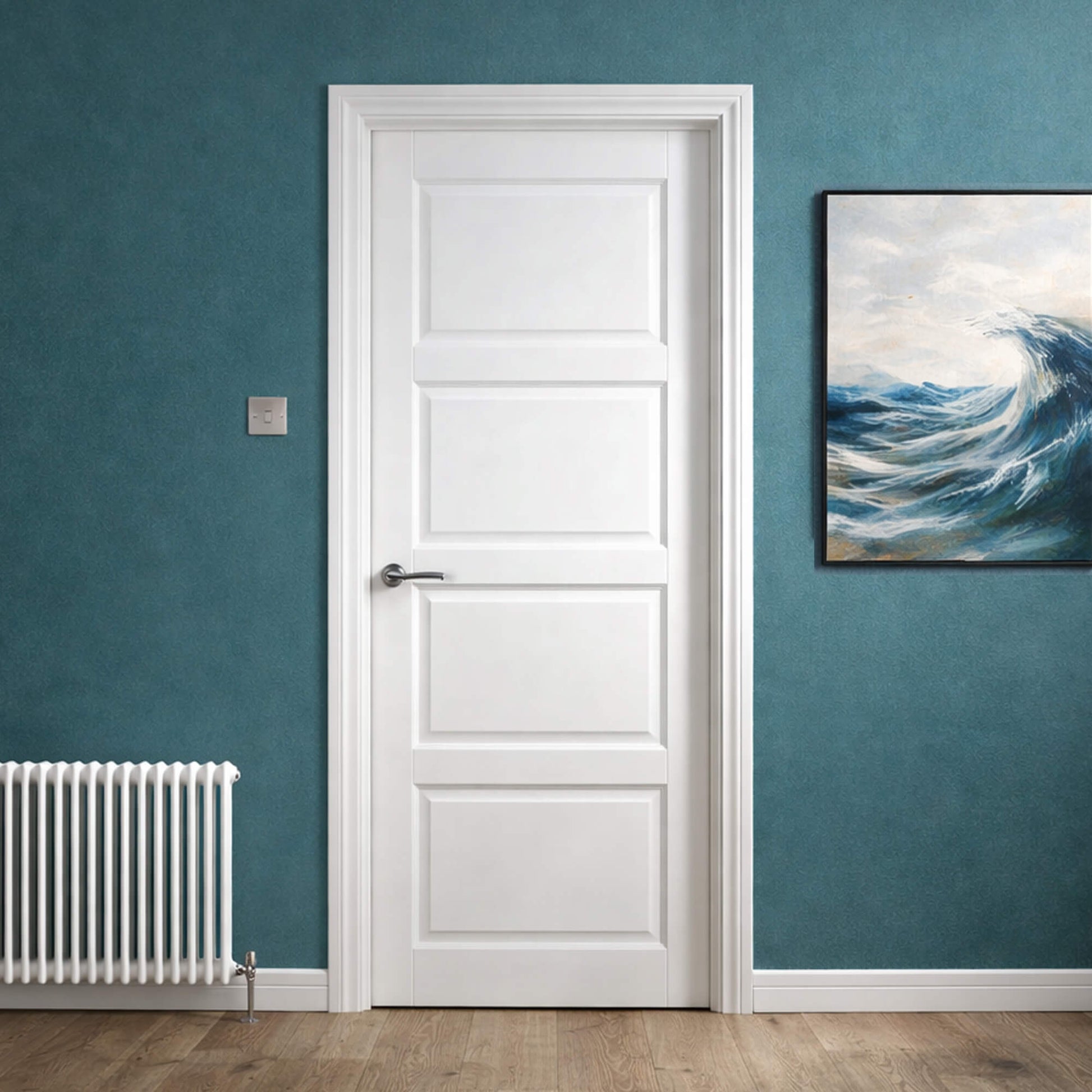 Contemporary White Primed 40mm internal door in a room with blue walls, a radiator, and a painting of a wave.