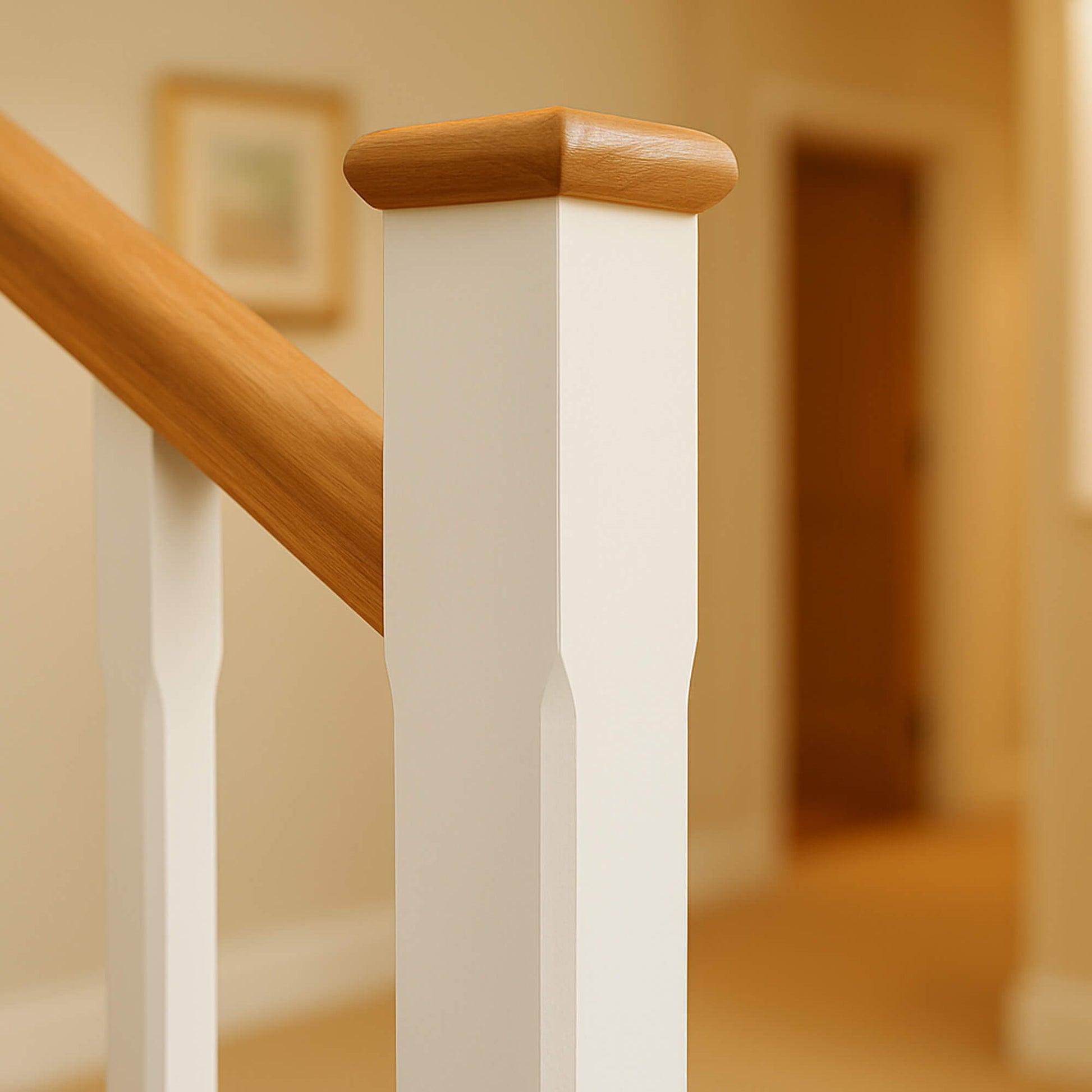 Close-up of a White Primed Chamfered Newel Post with a chamfered spindle and oak handrail in a blurred home background.