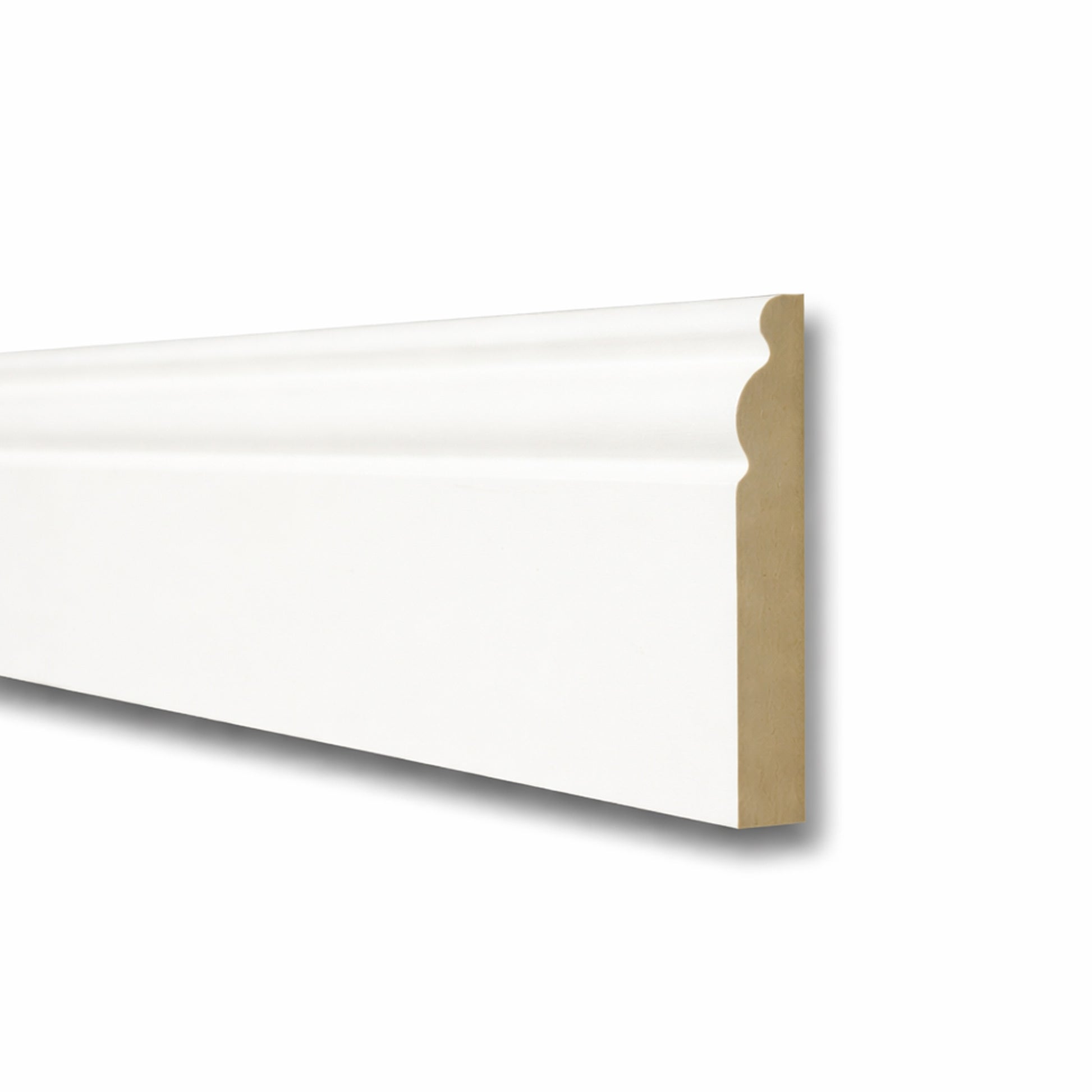 White Primed Moulded Skirting Board moulding on a white background