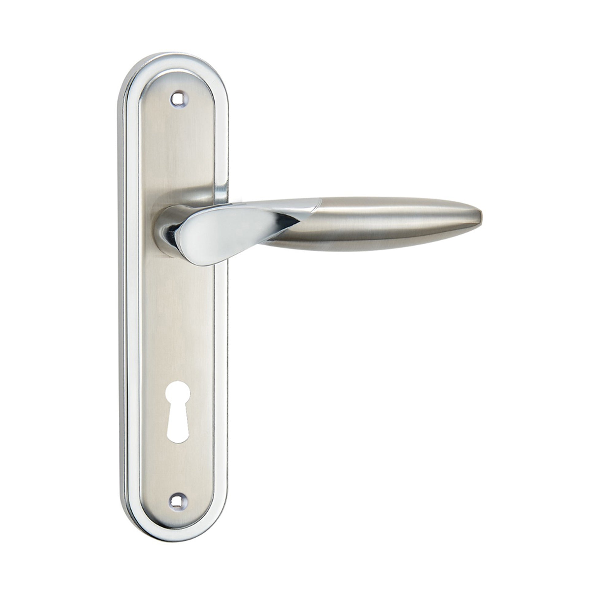 Zeus Nickel Brushed & Polished Chrome  Lock Backplate door handle on a white background